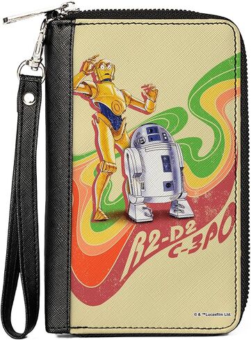 محفظة بإبزيم من البولي يوريثان بسحاب حول مستطيلة الشكل من Star Wars C3PO وR2D2 Wave Pose Tan متعددة الألوان in Kuwait