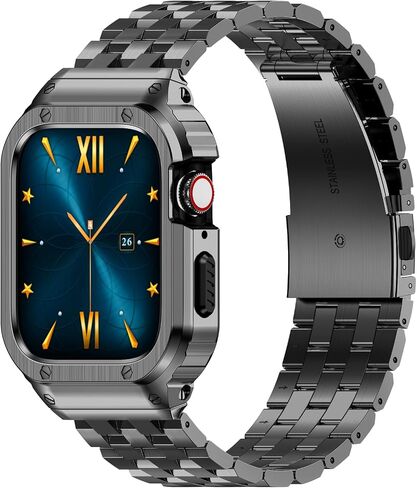 Stainless Steel Band and Case Compatible with Apple Watch Band Ultra | HASLFM Metal Protective Bumper Cover with Straps for iWatch Ultra 3/2/1 49mm Men, Gold in Kuwait