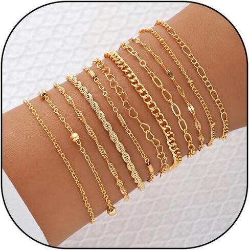 Dainty 11Pcs Gold Bracelet Set Adjustable Stacking Cuban Heart Twisted Link Chain Bracelets Cute Birthday Jewelry Accessory Presents for Women Men in Saudi Arabia
