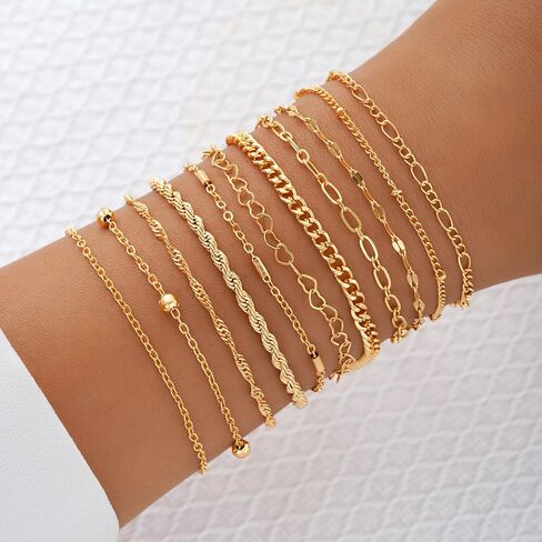 Dainty 11Pcs Gold Bracelet Set Adjustable Stacking Cuban Heart Twisted Link Chain Bracelets Cute Birthday Jewelry Accessory Presents for Women Men in Saudi Arabia