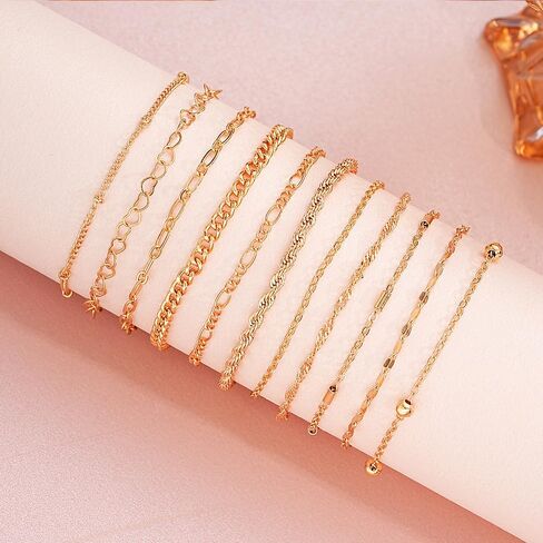 Dainty 11Pcs Gold Bracelet Set Adjustable Stacking Cuban Heart Twisted Link Chain Bracelets Cute Birthday Jewelry Accessory Presents for Women Men in Saudi Arabia