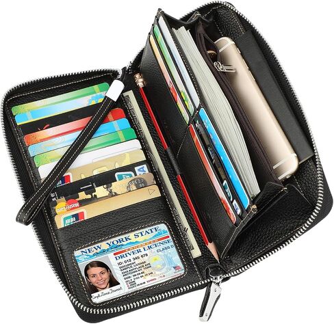 محفظة Lavemi النسائية RFID Blocking 100% جلدية ذات سعة كبيرة وسحاب حول المحفظة وحامل الهاتف ومحفظة السفر ومحفظة السوار in Kuwait