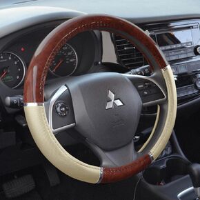 BDK Light Wood Grain Car Steering Wheel Cover, Standard 15 inch with Gray Faux Leather Grip, Made to Fit Most Auto Truck Van SUV