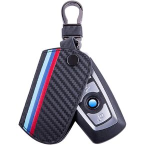 JKCOVER Key Fob Holder Protector Compatible with BMW Remote Fob, M-Colored Stripe Black Carbon Fiber Pattern Leather Key Cover with Keychain (for Older 1 3 5 6 Series X5 X6 Z4)