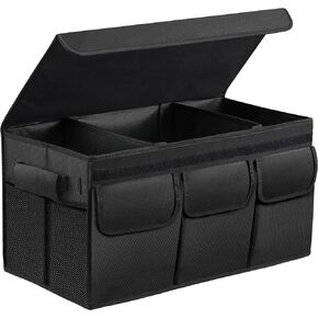 Car Trunk Storage Organizer With Lid, Collapsible Multi Compartment SUV Trunk Organizer, Non Slip Bottom, Waterproof, Dust-proof, Durable Foldable Mesh Pockets Storage For More Trunk Space(M Beige)