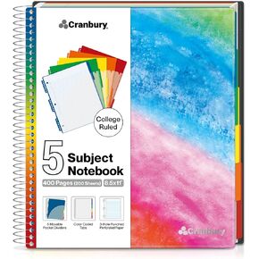 CRANBURY 5-Subject Notebook College Ruled, Movable Pocket Dividers with Tabs, 200 Sheets (400 Pages) 8.5x11 Paper, Colorful Spiral Notebook, Protective Plastic Covers, Multi Subject