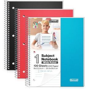 Dunwell 1 Subject Wide Ruled Spiral Notebooks, (3-Pack, Red Blue Black) Plastic Cover Notebooks, 100 Sheets, 8x10.5 Wide Rule Notebook for School, Kids, Perforated Pages, 3 Single Subject Notebooks