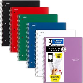 Five Star Spiral Notebooks Plus Study App, 6 Pack, 3 Subject, College Ruled Paper, 11" x 8-1/2", 150 Sheets, Black, Red, Green, Blue, White, Purple (73930)