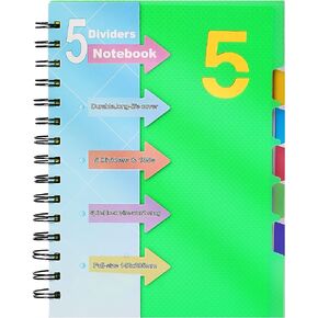 CAGIE 5 Subject Notebook with Dividers Spiral Notebooks 8.5 x 11 with Tabs Hardcover A4 Spiral Bound Journal for School Note Taking Work Organization, 220 Pages, Black