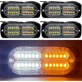 12-24V 24-LED Super Bright LED Emergency Strobe Lights Warning for Cars Trucks Vehicle SUV Caution Hazard Construction Waterproof Amber Strobe Bar with 32 Different Flashing- 4PCS (White Amber)
