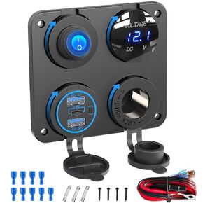 Marine Boat RV 12V Charger Socket Panel: OUFFUN 4 in 1 DC Power 12V Outlet Panel 56W Multi USB Fast Charger, 150W Cigarette Lighter Socket with LED Voltmeter Rocker Toggle Switch for Car Boat RV Truck