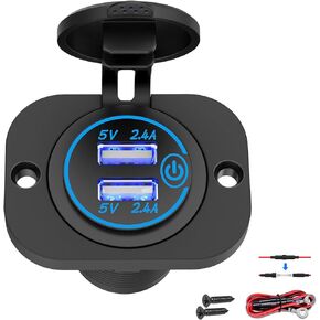 Dual USB Socket 12V Marine Outlet with Switch Golf Cart USB Port 12 Volt DC Car Charger Mount Waterproof Cigarette Lighter Power Adapter DIY Kit Fast Charge with Blue LED for Boat Motorcycle ATV RV