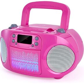 GC09 Kids Boombox، مشغل أقراص مضغوطة تحميل علوي، اتصال بلوتوث للهواتف الذكية، اتصال AUX سهل، USB، راديو وMP3، وظيفة الغناء (الميكروفون غير متضمن)، وردي