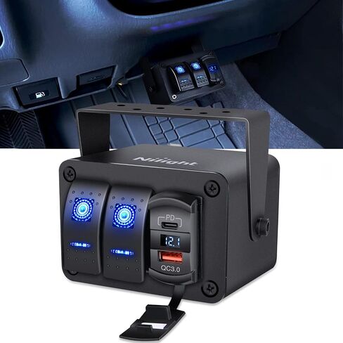 Nilight - 90116C 2 لوحة مفاتيح الروك مع 4.8 أمبير شاحن USB مزدوج الفولتميتر مقاوم للماء 12 فولت - 24 فولت تيار مستمر مفتاح الروك مع ملصقات توهج ليلي لقوارب CarsTrucks RVs، أزرق in Saudi Arabia