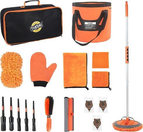 TIIKERI Car Wash Kit 14 Items Professional Car Cleaning Supplies Kit with Portable Bucket Car Squeegee Mitt Cleaning Brush - Multipurpose Cleaning Tools for Car Wash Detailing Cleaning in Saudi Arabia