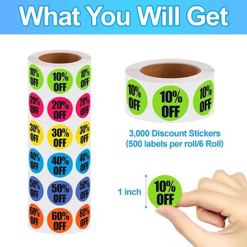 Lineba 3000 Count Sale Stickers, 10 to 60 Percent Off Label Discount Garage Sale Stickers 1 Inch Adhesive Discount Pre-Printed Labels, Circle Pricemarker Tag Stickers for Retail Store Clearance in Saudi Arabia
