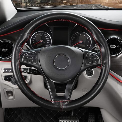 SEG Direct Genuine Leather Steering Wheel Cover, Stitch On Wrap, for 14 1/2-15 inches Round and D-type Steering Wheels, Black in Saudi Arabia