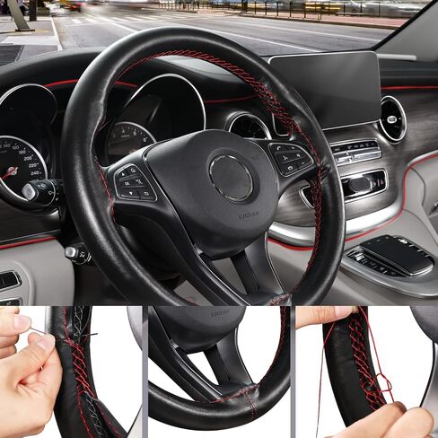 SEG Direct Genuine Leather Steering Wheel Cover, Stitch On Wrap, for 14 1/2-15 inches Round and D-type Steering Wheels, Black in Saudi Arabia