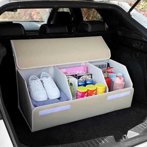 منظم صندوق السيارة مع غطاء منظم تخزين السيارة متعدد الأقسام ومنظم سيارة من الجلد المتين لسيارات الدفع الرباعي/الشاحنة/السيدان (أسود) in Kuwait