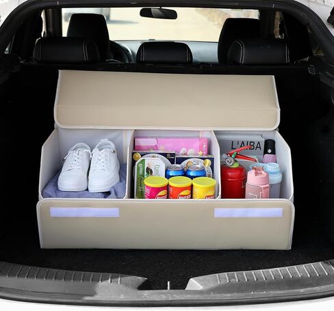 منظم صندوق السيارة مع غطاء منظم تخزين السيارة متعدد الأقسام ومنظم سيارة من الجلد المتين لسيارات الدفع الرباعي/الشاحنة/السيدان (أسود) in Kuwait