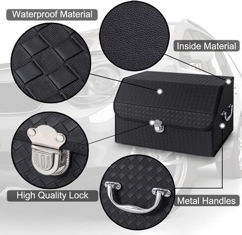 Car Trunk Organizer Hard Case with Lid, Car Leather Storage Box with Handle for SUV, Waterproof Collapsible Trunk Organizer Small for Picnic Camping in Saudi Arabia