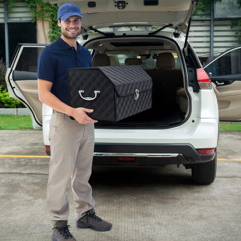 Car Trunk Organizer Hard Case with Lid, Car Leather Storage Box with Handle for SUV, Waterproof Collapsible Trunk Organizer Small for Picnic Camping in Saudi Arabia