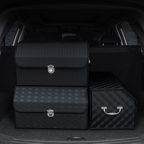 Car Trunk Organizer Hard Case with Lid, Car Leather Storage Box with Handle for SUV, Waterproof Collapsible Trunk Organizer Small for Picnic Camping in Saudi Arabia
