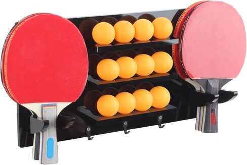 Ping Pong Paddle and Balls Holder with Hooks, Wall Mounted Table Tennis Storage Rack for 6 Rackets and 12 Balls, Solid Black Acrylic Table Tennis Storage Wall Mount Hanger Display Shelf in Saudi Arabia