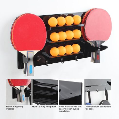 Ping Pong Paddle and Balls Holder with Hooks, Wall Mounted Table Tennis Storage Rack for 6 Rackets and 12 Balls, Solid Black Acrylic Table Tennis Storage Wall Mount Hanger Display Shelf in Saudi Arabia