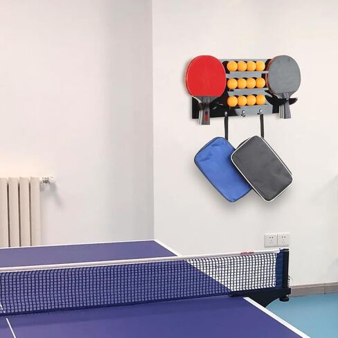 Ping Pong Paddle and Balls Holder with Hooks, Wall Mounted Table Tennis Storage Rack for 6 Rackets and 12 Balls, Solid Black Acrylic Table Tennis Storage Wall Mount Hanger Display Shelf in Saudi Arabia