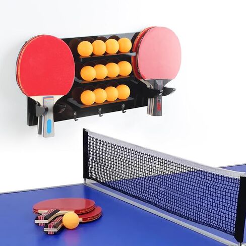 Ping Pong Paddle and Balls Holder with Hooks, Wall Mounted Table Tennis Storage Rack for 6 Rackets and 12 Balls, Solid Black Acrylic Table Tennis Storage Wall Mount Hanger Display Shelf in Saudi Arabia