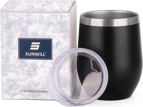 كوب نبيذ معزول بغطاء من SUNWILL (لافندر)، زجاج نبيذ معزول من الفولاذ المقاوم للصدأ بدون جذع 12 أونصة، كوب قهوة متين بجدار مزدوج، للشامبين والكوكتيل والبيرة والاستخدام المكتبي in Kuwait