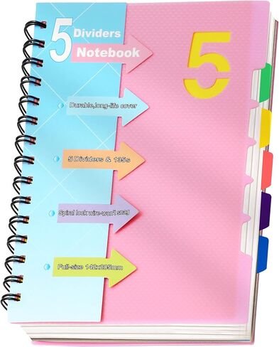 CAGIE 5 Subject Notebook with Dividers Spiral Notebooks 8.5 x 11 with Tabs Hardcover A4 Spiral Bound Journal for School Note Taking Work Organization, 220 Pages, Black in Saudi Arabia