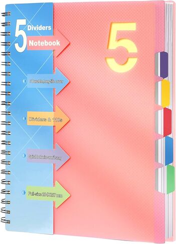 CAGIE 5 Subject Notebook with Dividers Spiral Notebooks 8.5 x 11 with Tabs Hardcover A4 Spiral Bound Journal for School Note Taking Work Organization, 220 Pages, Black in Saudi Arabia