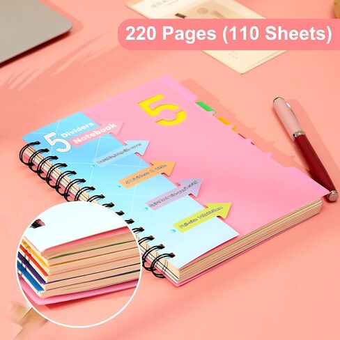 CAGIE 5 Subject Notebook with Dividers Spiral Notebooks 8.5 x 11 with Tabs Hardcover A4 Spiral Bound Journal for School Note Taking Work Organization, 220 Pages, Black in Saudi Arabia