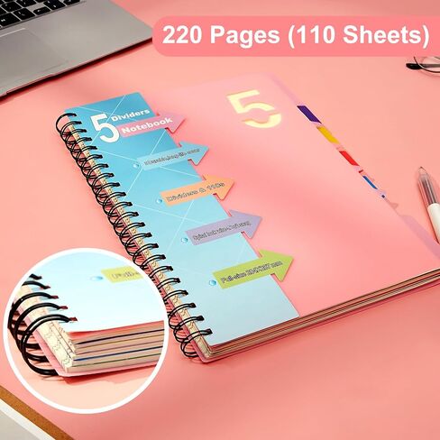 CAGIE 5 Subject Notebook with Dividers Spiral Notebooks 8.5 x 11 with Tabs Hardcover A4 Spiral Bound Journal for School Note Taking Work Organization, 220 Pages, Black in Saudi Arabia
