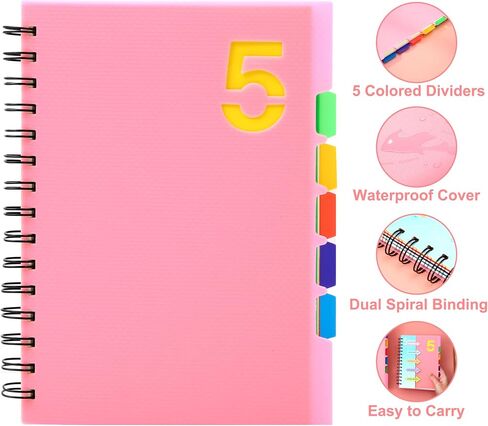 CAGIE 5 Subject Notebook with Dividers Spiral Notebooks 8.5 x 11 with Tabs Hardcover A4 Spiral Bound Journal for School Note Taking Work Organization, 220 Pages, Black in Saudi Arabia