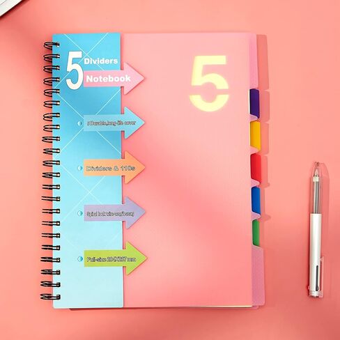 CAGIE 5 Subject Notebook with Dividers Spiral Notebooks 8.5 x 11 with Tabs Hardcover A4 Spiral Bound Journal for School Note Taking Work Organization, 220 Pages, Black in Saudi Arabia