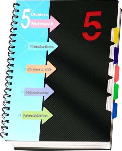 CAGIE 5 Subject Notebook with Dividers Spiral Notebooks 8.5 x 11 with Tabs Hardcover A4 Spiral Bound Journal for School Note Taking Work Organization, 220 Pages, Black in Saudi Arabia