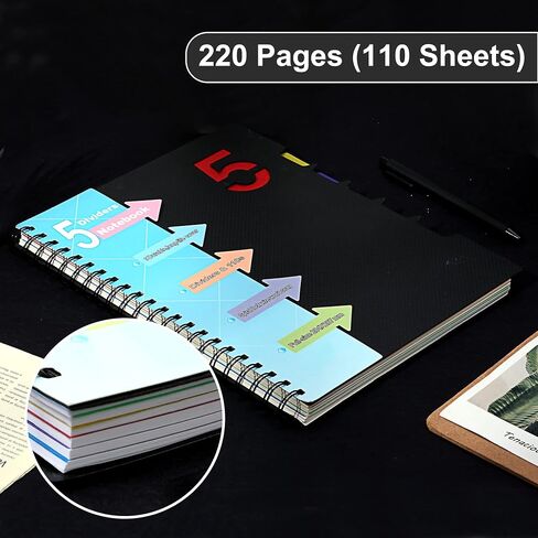CAGIE 5 Subject Notebook with Dividers Spiral Notebooks 8.5 x 11 with Tabs Hardcover A4 Spiral Bound Journal for School Note Taking Work Organization, 220 Pages, Black in Kuwait
