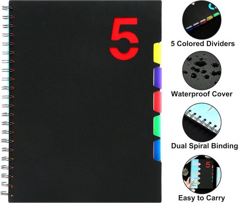 CAGIE 5 Subject Notebook with Dividers Spiral Notebooks 8.5 x 11 with Tabs Hardcover A4 Spiral Bound Journal for School Note Taking Work Organization, 220 Pages, Black in Kuwait