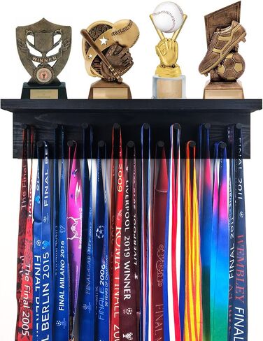 Trophy Medal Holder Display 16.9" Long Wooden Trophy Shelf Rack Medal & Trophy Holder 15 Hooks Hanger with Shelf Medal Holder with Wooden Trophy Shelf Rack in Saudi Arabia