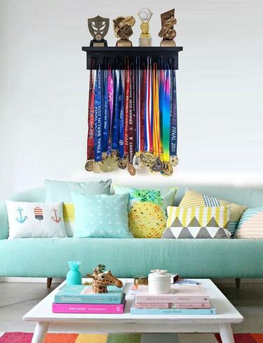 Trophy Medal Holder Display 16.9" Long Wooden Trophy Shelf Rack Medal & Trophy Holder 15 Hooks Hanger with Shelf Medal Holder with Wooden Trophy Shelf Rack in Saudi Arabia
