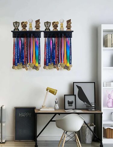 Trophy Medal Holder Display 16.9" Long Wooden Trophy Shelf Rack Medal & Trophy Holder 15 Hooks Hanger with Shelf Medal Holder with Wooden Trophy Shelf Rack in Saudi Arabia