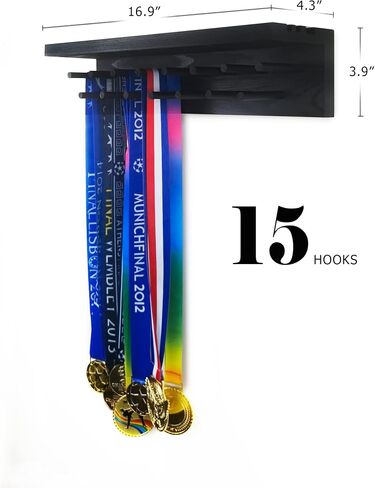 Trophy Medal Holder Display 16.9" Long Wooden Trophy Shelf Rack Medal & Trophy Holder 15 Hooks Hanger with Shelf Medal Holder with Wooden Trophy Shelf Rack in Saudi Arabia