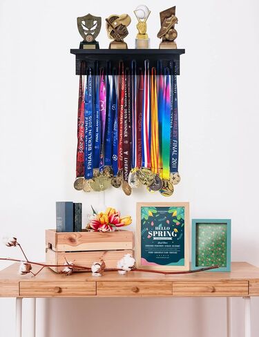 Trophy Medal Holder Display 16.9" Long Wooden Trophy Shelf Rack Medal & Trophy Holder 15 Hooks Hanger with Shelf Medal Holder with Wooden Trophy Shelf Rack in Saudi Arabia