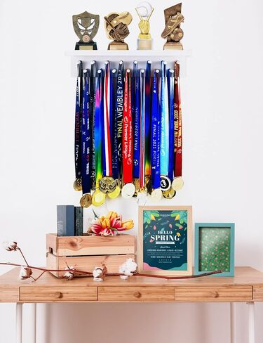 Trophy Medal Holder Display 16.9" Long Wooden Trophy Shelf Rack Medal & Trophy Holder 15 Hooks Hanger with Shelf Medal Holder with Wooden Trophy Shelf Rack in Saudi Arabia