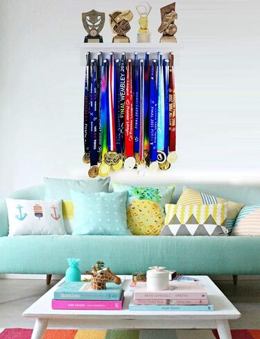 Trophy Medal Holder Display 16.9" Long Wooden Trophy Shelf Rack Medal & Trophy Holder 15 Hooks Hanger with Shelf Medal Holder with Wooden Trophy Shelf Rack in Saudi Arabia