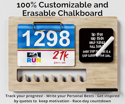 عرض شماعة ميدالية خشبية من LuxWood للعدائين ومريلة السباق وحامل الصور مع سبورة الطباشير، وعرض حامل ميدالية الماراثون | تحمل ما يصل إلى 24 ميدالية و80 صدرية سباق in Kuwait