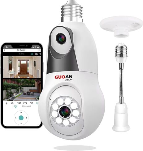 6MP UHD Bulb Security Cameras,2.4GHz Dual Lens 360°Security Camera Wireless Indoor Outdoor Light Bulbs Camera,Full Color Night, Motion Detection,Message Alert,24/7 Recording, SD/Cloud in Kuwait